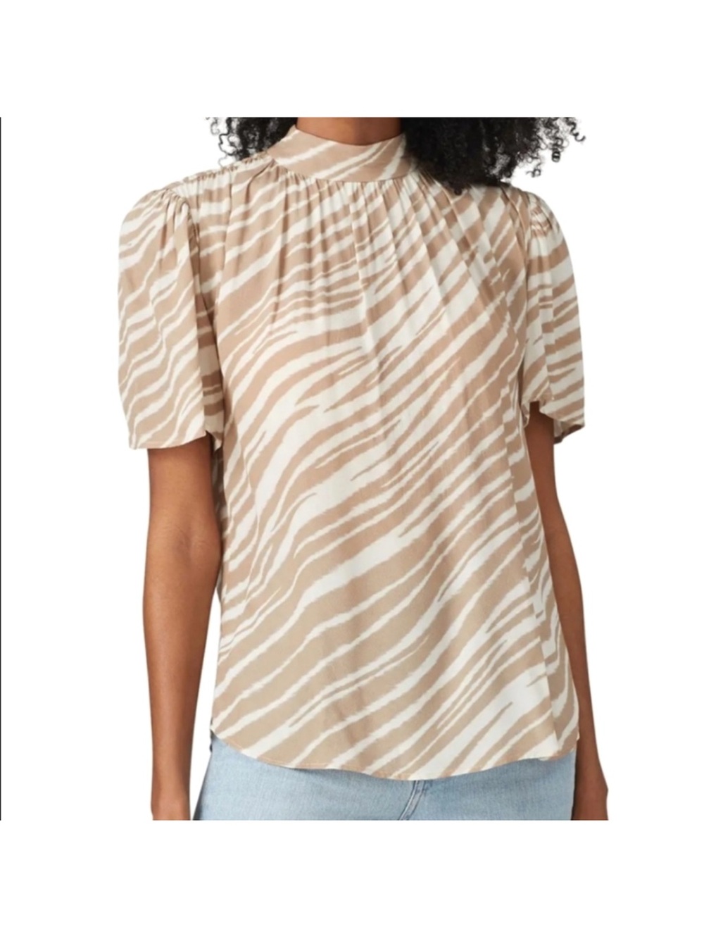 Habitual Beige and White Zebra-Print High Neck Puff Sleeve Blouse